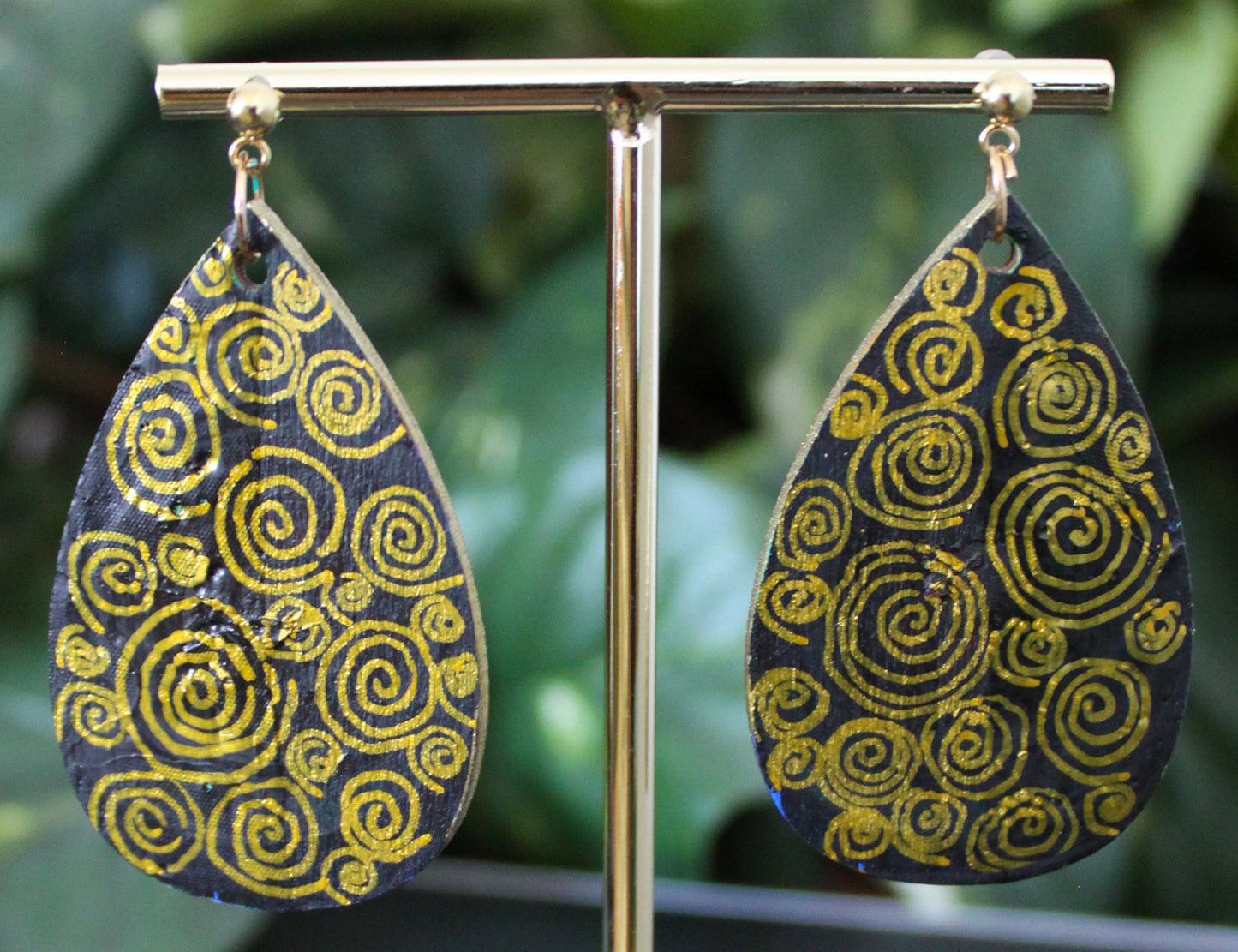 Rustic Gold Black Wood Teardrop Earrings