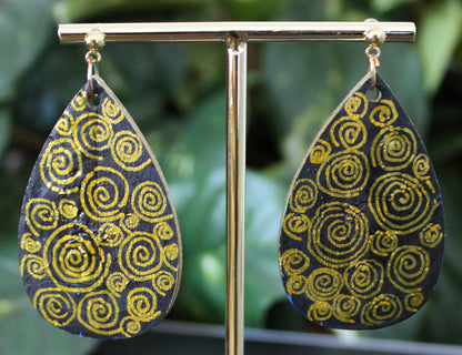 Rustic Gold Black Wood Teardrop Earrings