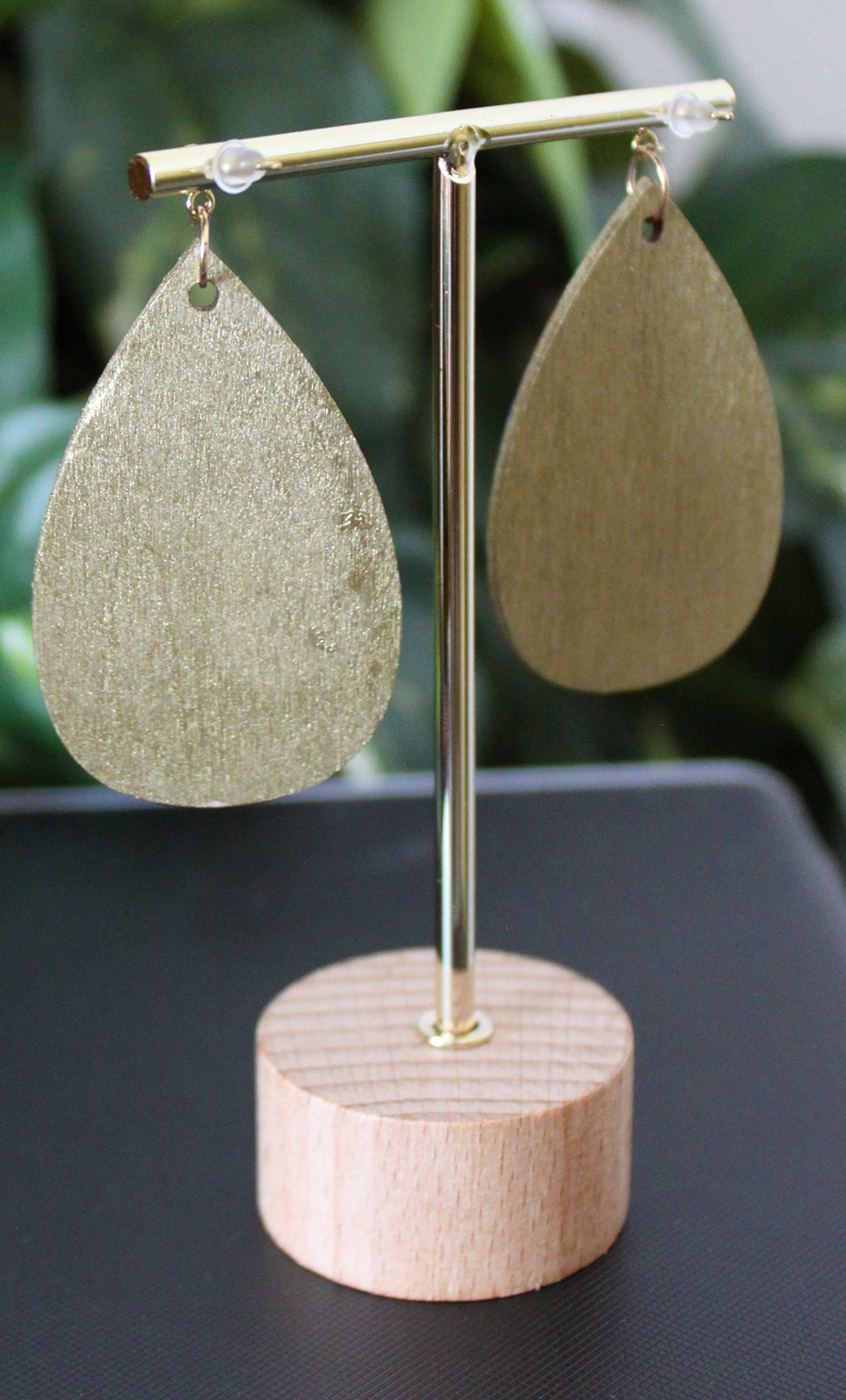 Rustic Gold Black Wood Teardrop Earrings