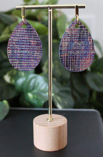 Patterned Purple Blue and Gold Orange Wood Teardrop Earrings