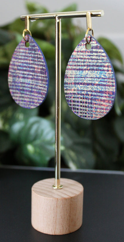Patterned Purple Blue and Gold Orange Wood Teardrop Earrings