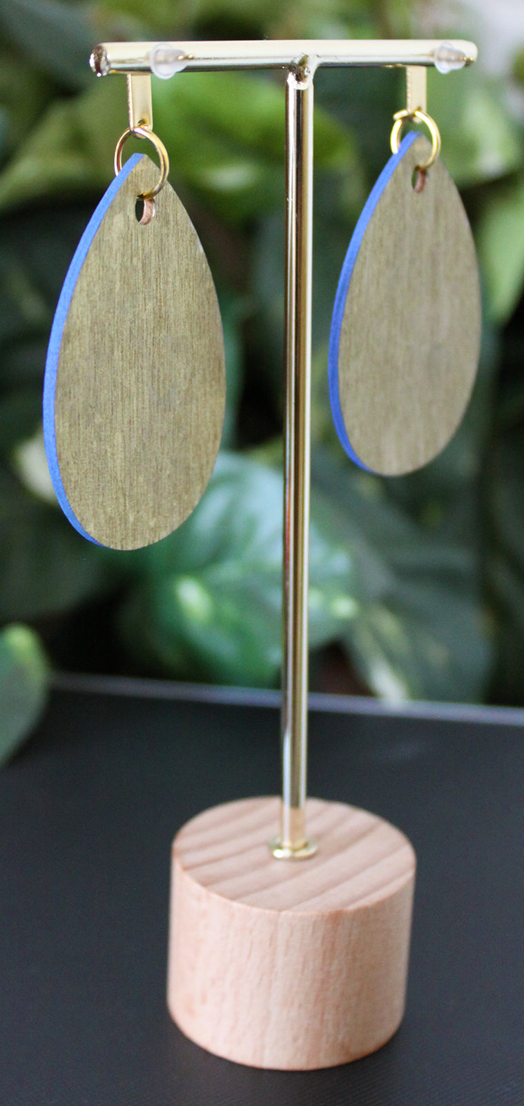 Patterned Purple Blue and Gold Orange Wood Teardrop Earrings