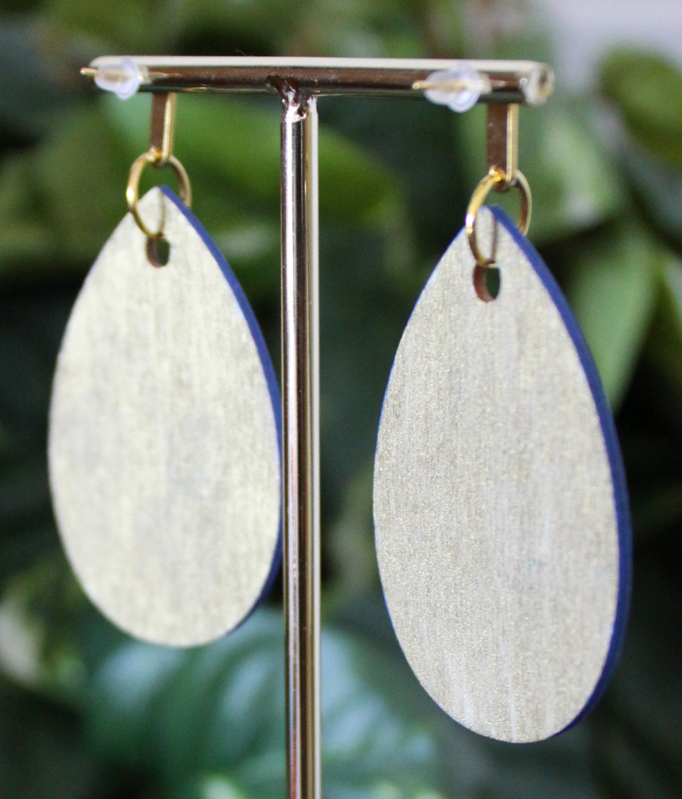Patterned Purple Blue and Gold Orange Wood Teardrop Earrings