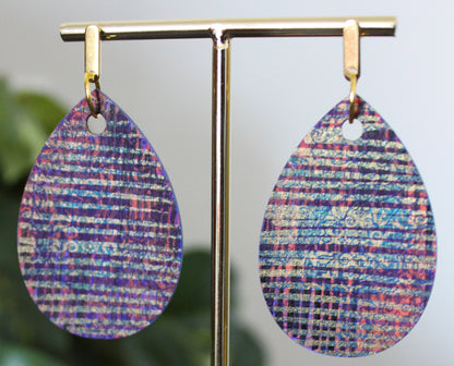Patterned Purple Blue and Gold Orange Wood Teardrop Earrings