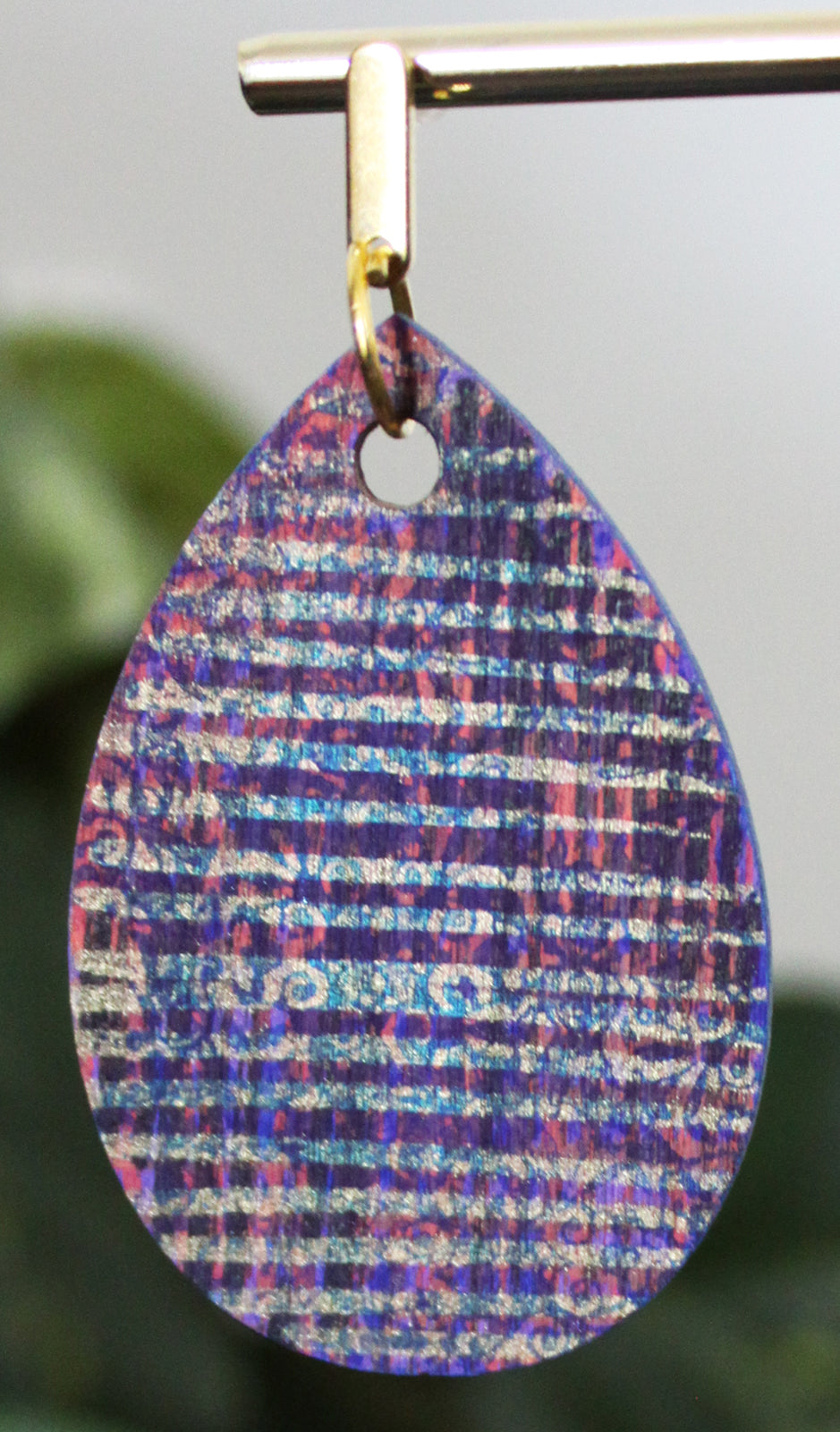 Patterned Purple Blue and Gold Orange Wood Teardrop Earrings