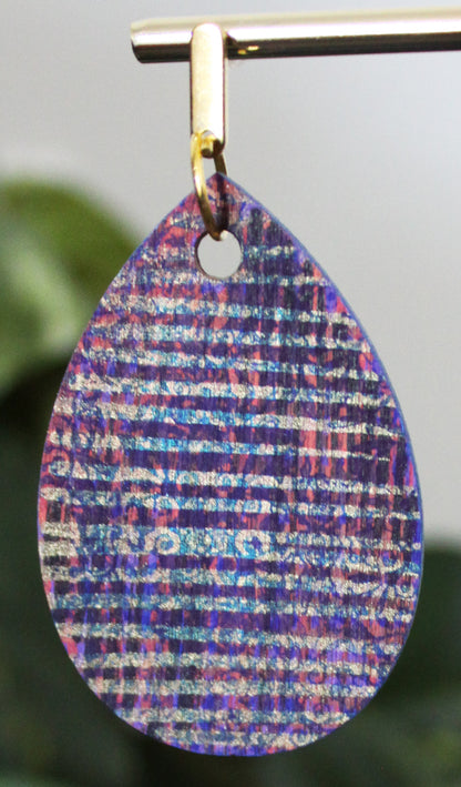 Patterned Purple Blue and Gold Orange Wood Teardrop Earrings