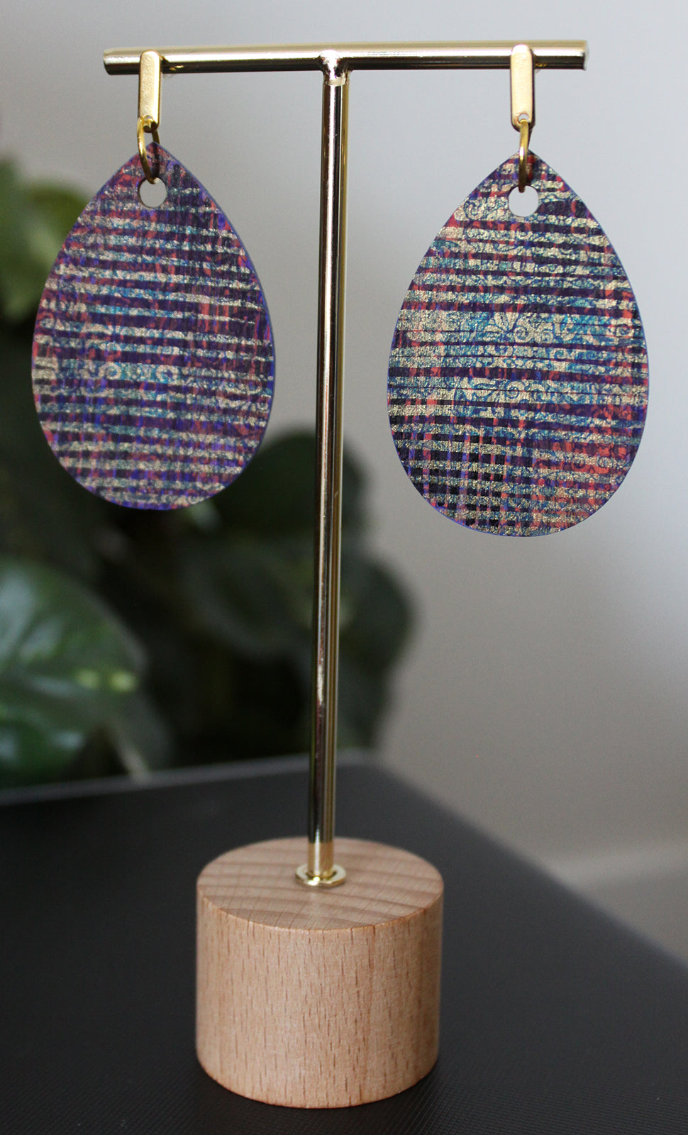 Patterned Purple Blue and Gold Orange Wood Teardrop Earrings