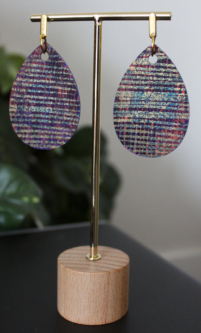 Patterned Purple Blue and Gold Orange Wood Teardrop Earrings