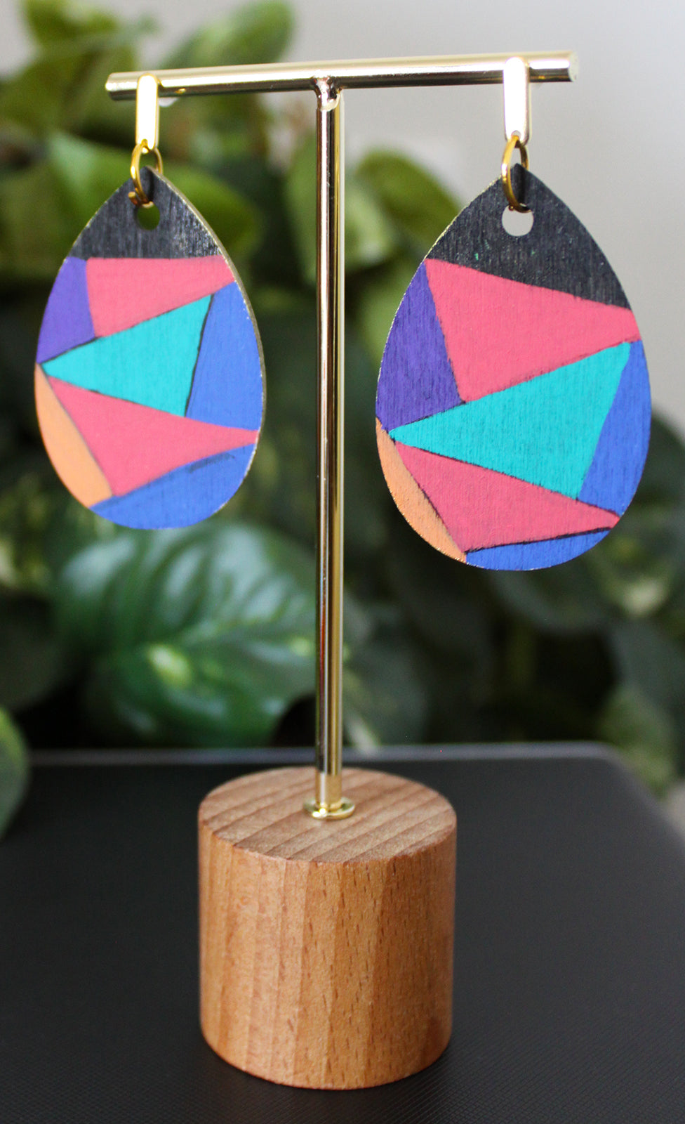 Geometric Orange Blue and Purple Wood Teardrop Earrings
