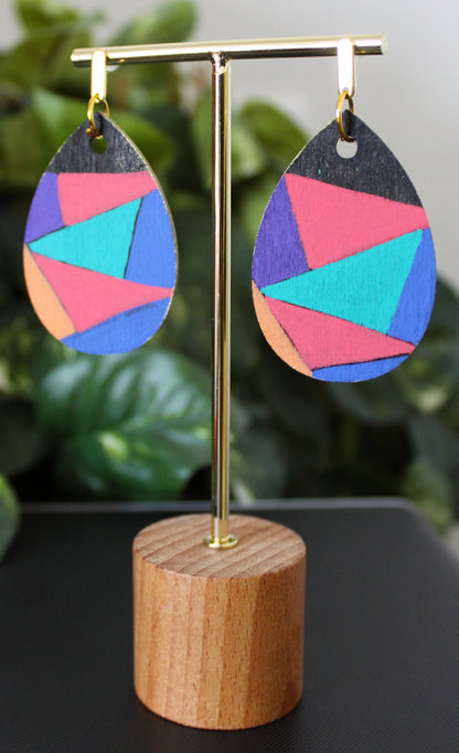 Geometric Orange Blue and Purple Wood Teardrop Earrings
