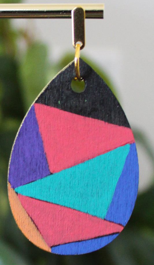 Geometric Orange Blue and Purple Wood Teardrop Earrings