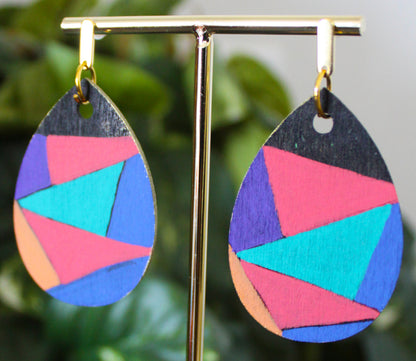 Geometric Orange Blue and Purple Wood Teardrop Earrings