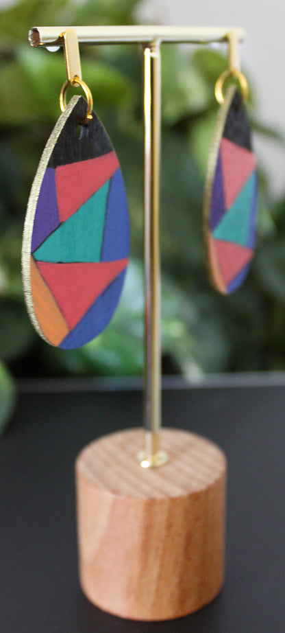 Geometric Orange Blue and Purple Wood Teardrop Earrings