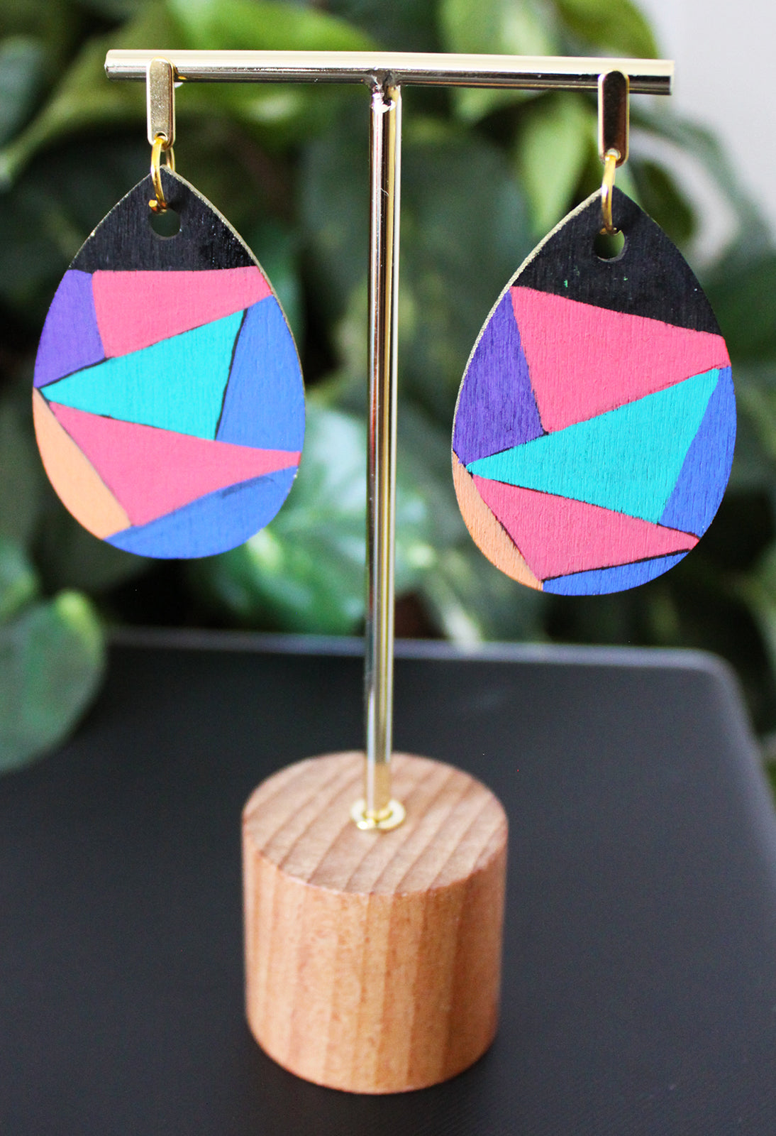 Geometric Orange Blue and Purple Wood Teardrop Earrings