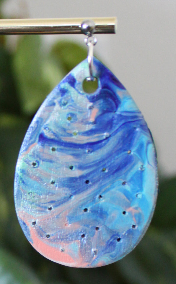Marbled Blue and Silver Perforated Wood Teardrop Earrings