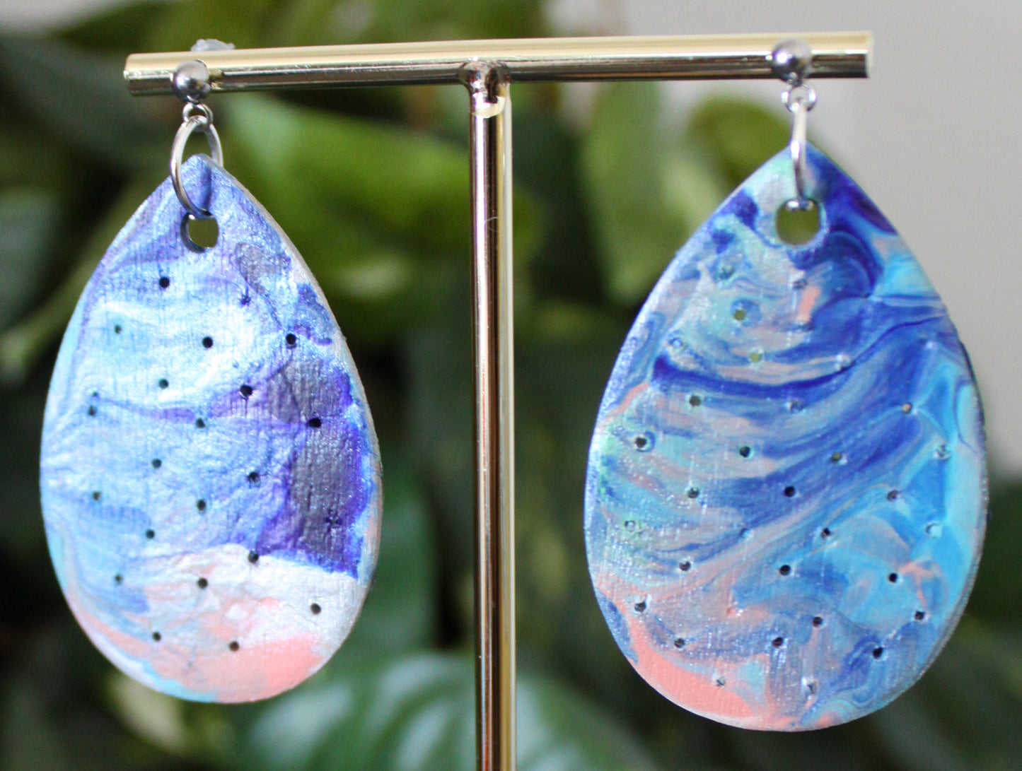 Marbled Blue and Silver Perforated Wood Teardrop Earrings