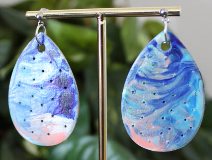 Marbled Blue and Silver Perforated Wood Teardrop Earrings