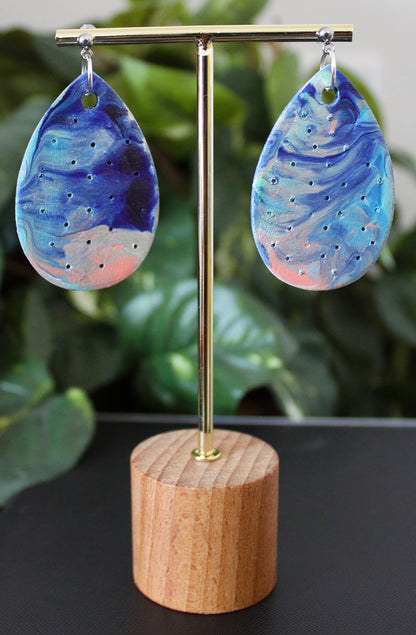 Marbled Blue and Silver Perforated Wood Teardrop Earrings