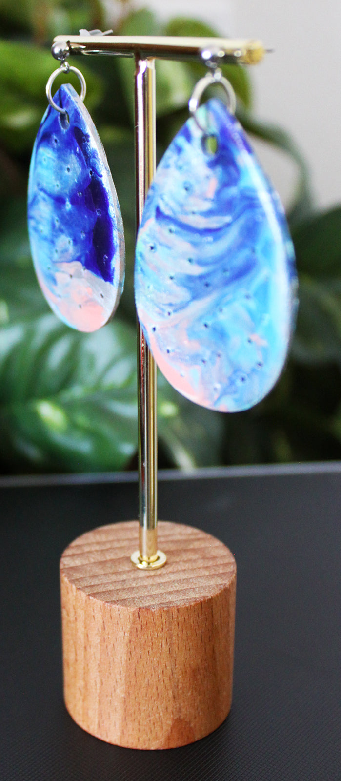 Marbled Blue and Silver Perforated Wood Teardrop Earrings