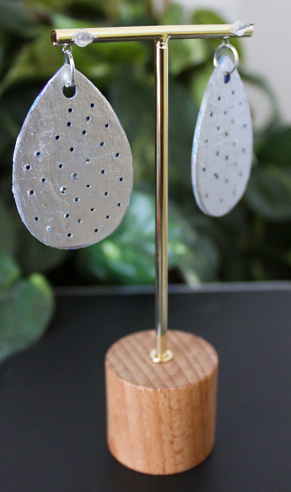 Marbled Blue and Silver Perforated Wood Teardrop Earrings