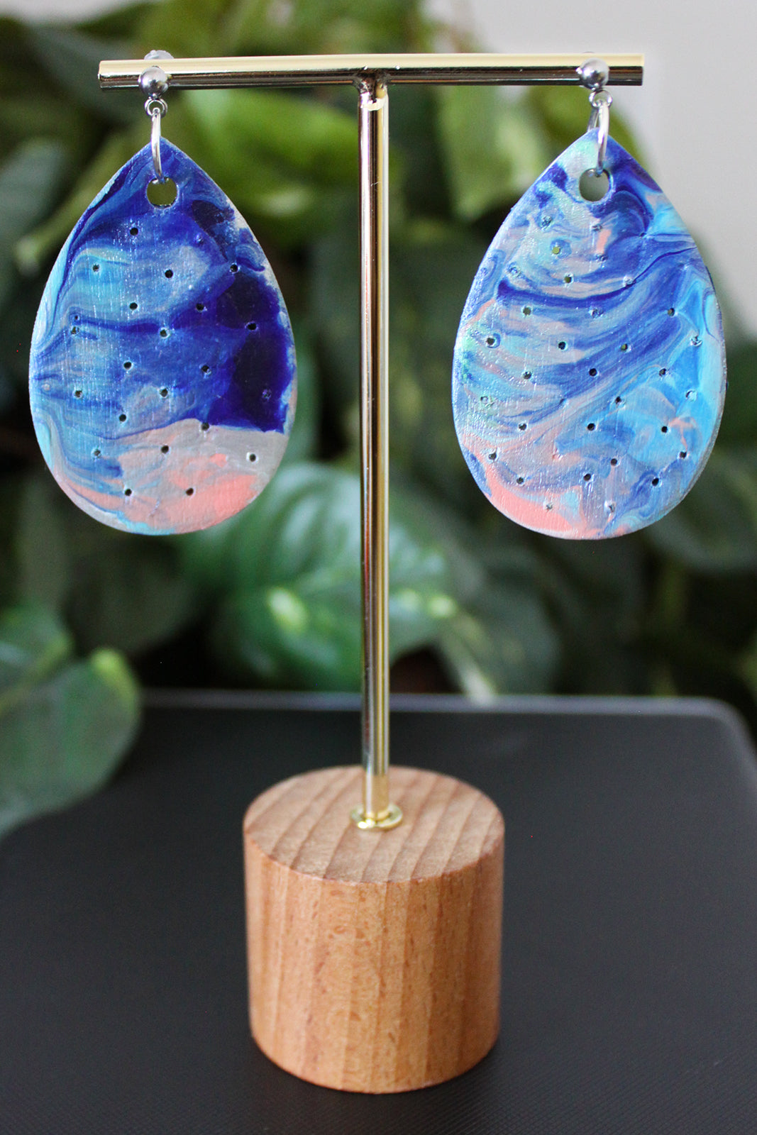 Marbled Blue and Silver Perforated Wood Teardrop Earrings