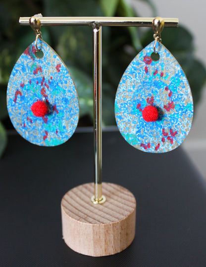 Filigree Patterned Blue Silver and Red Wood Teardrop Earrings