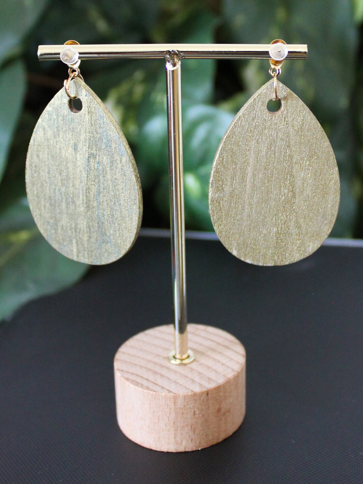 Filigree Patterned Blue Silver and Red Wood Teardrop Earrings