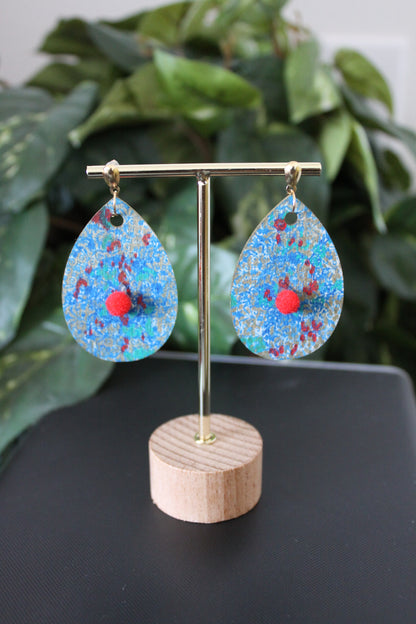 Filigree Patterned Blue Silver and Red Wood Teardrop Earrings
