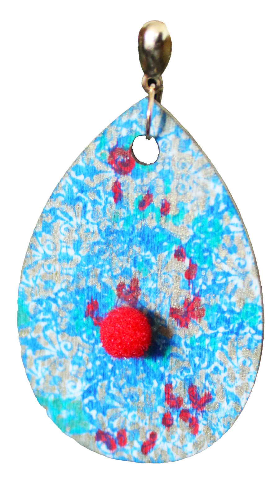 Filigree Patterned Blue Silver and Red Wood Teardrop Earrings