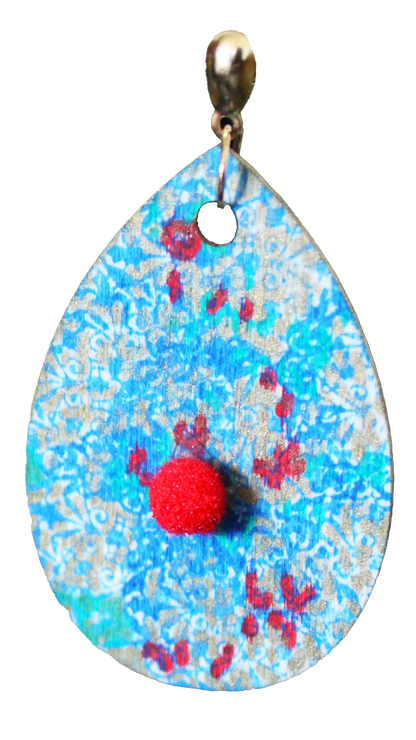 Filigree Patterned Blue Silver and Red Wood Teardrop Earrings