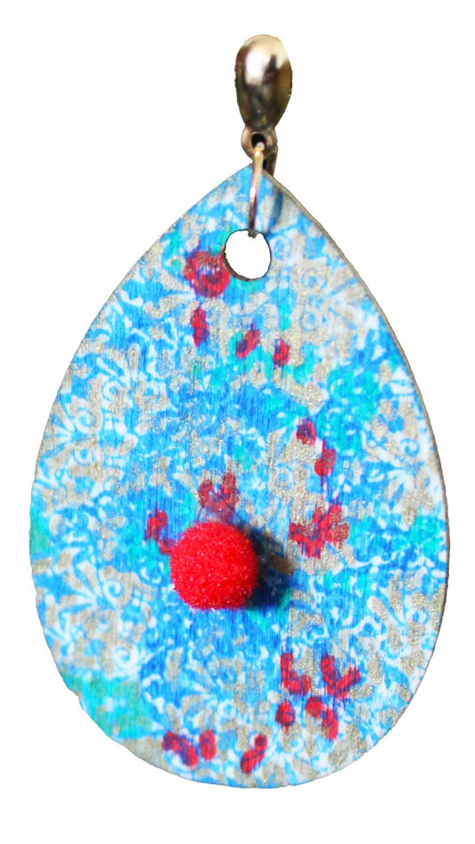 Filigree Patterned Blue Silver and Red Wood Teardrop Earrings