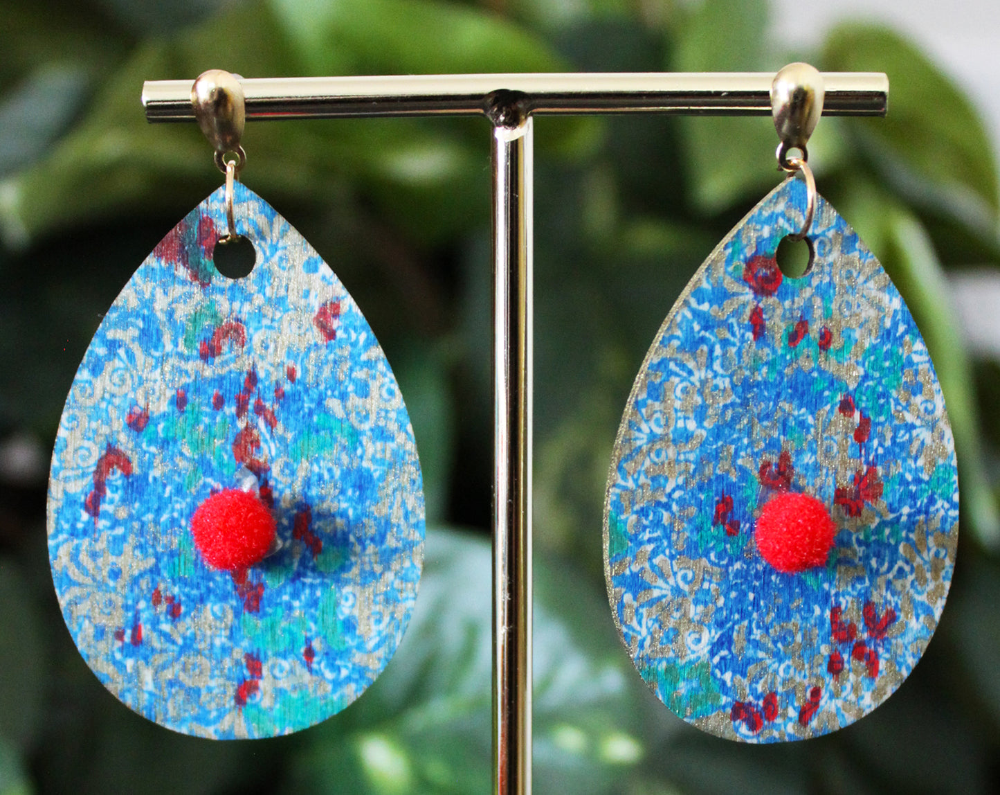Filigree Patterned Blue Silver and Red Wood Teardrop Earrings