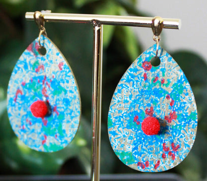 Filigree Patterned Blue Silver and Red Wood Teardrop Earrings