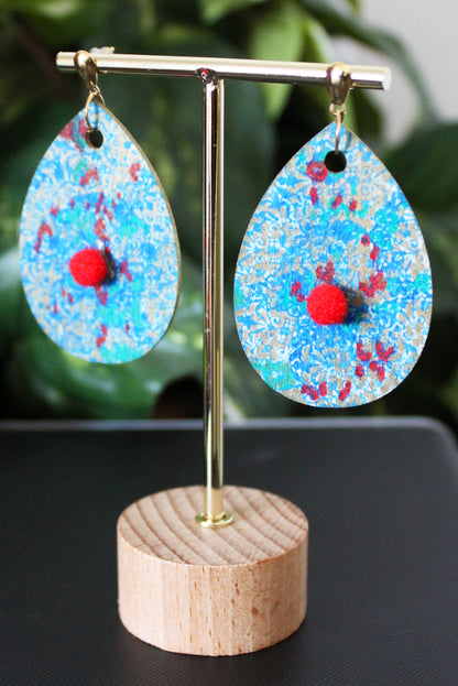 Filigree Patterned Blue Silver and Red Wood Teardrop Earrings