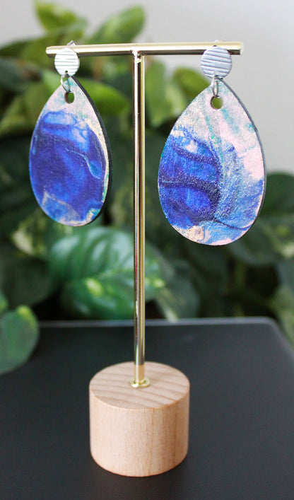 Blue and Peachy Pink Marbled Teardrop Earrings