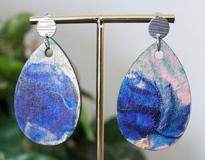 Blue and Peachy Pink Marbled Teardrop Earrings