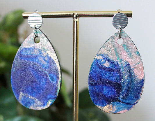 Blue and Peachy Pink Marbled Teardrop Earrings