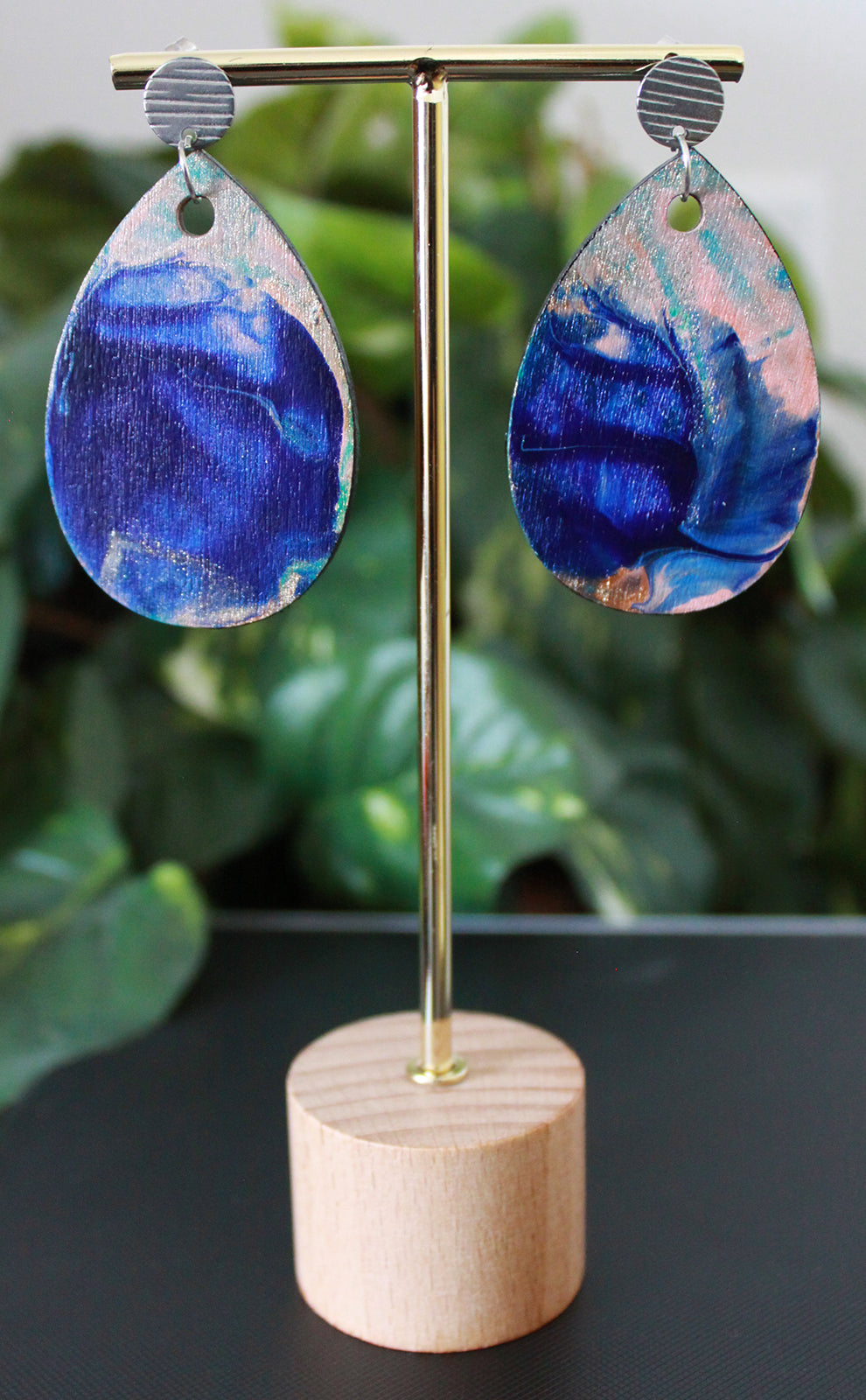 Blue and Peachy Pink Marbled Teardrop Earrings