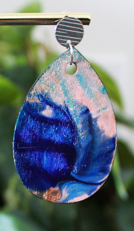 Blue and Peachy Pink Marbled Teardrop Earrings