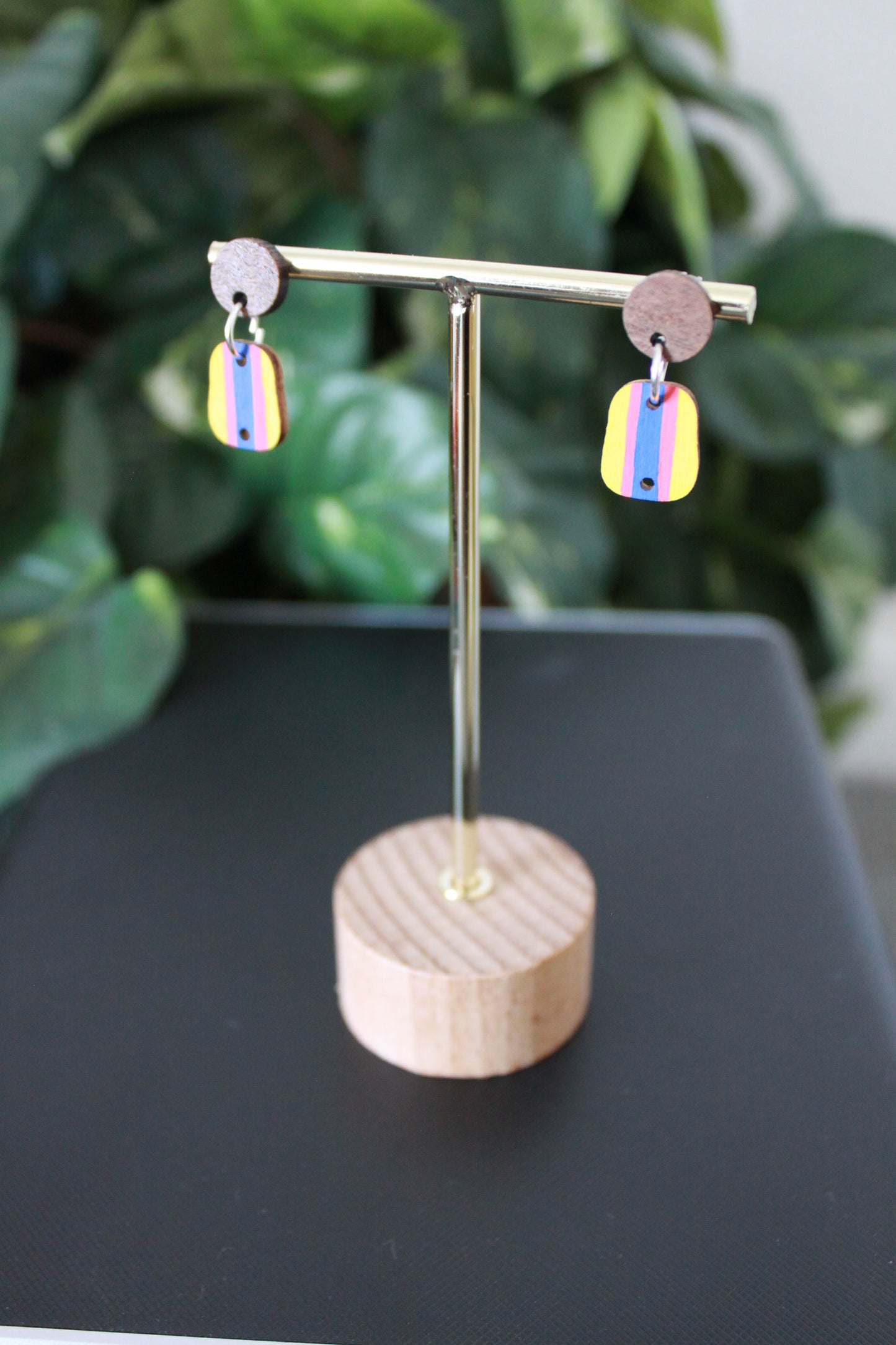 3-Colored Yellow Rainbow Small Rectangular Earrings