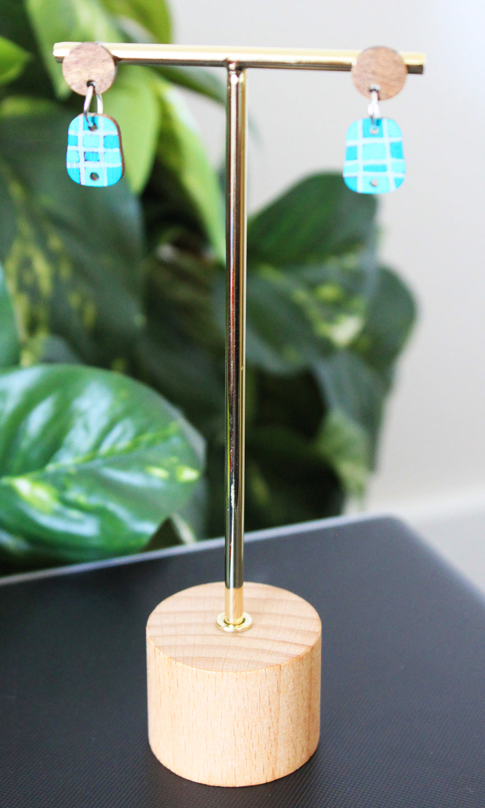 Checkered Blue and Silver Small Rectangular Earrings