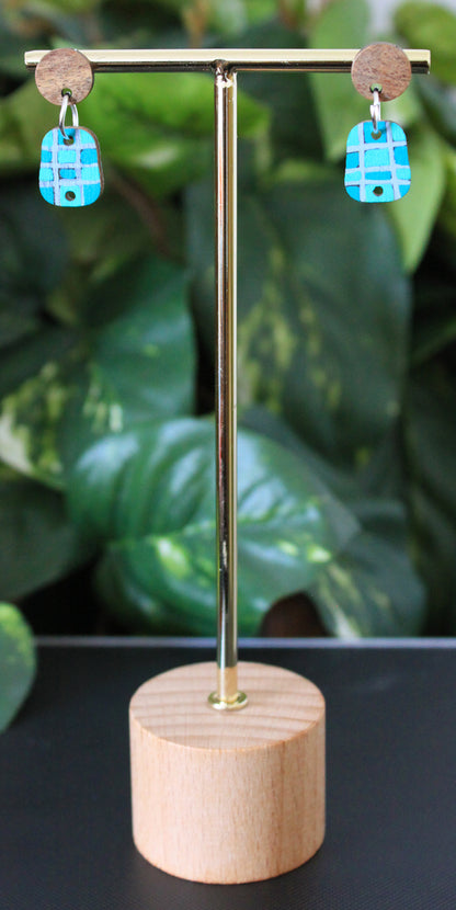 Checkered Blue and Silver Small Rectangular Earrings