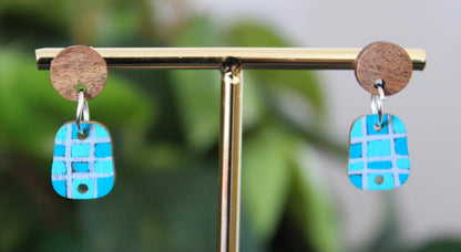 Checkered Blue and Silver Small Rectangular Earrings