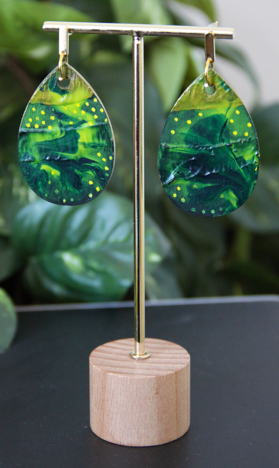 Green and Golden Marbled Teardrop Earrings