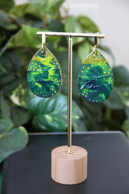 Green and Golden Marbled Teardrop Earrings