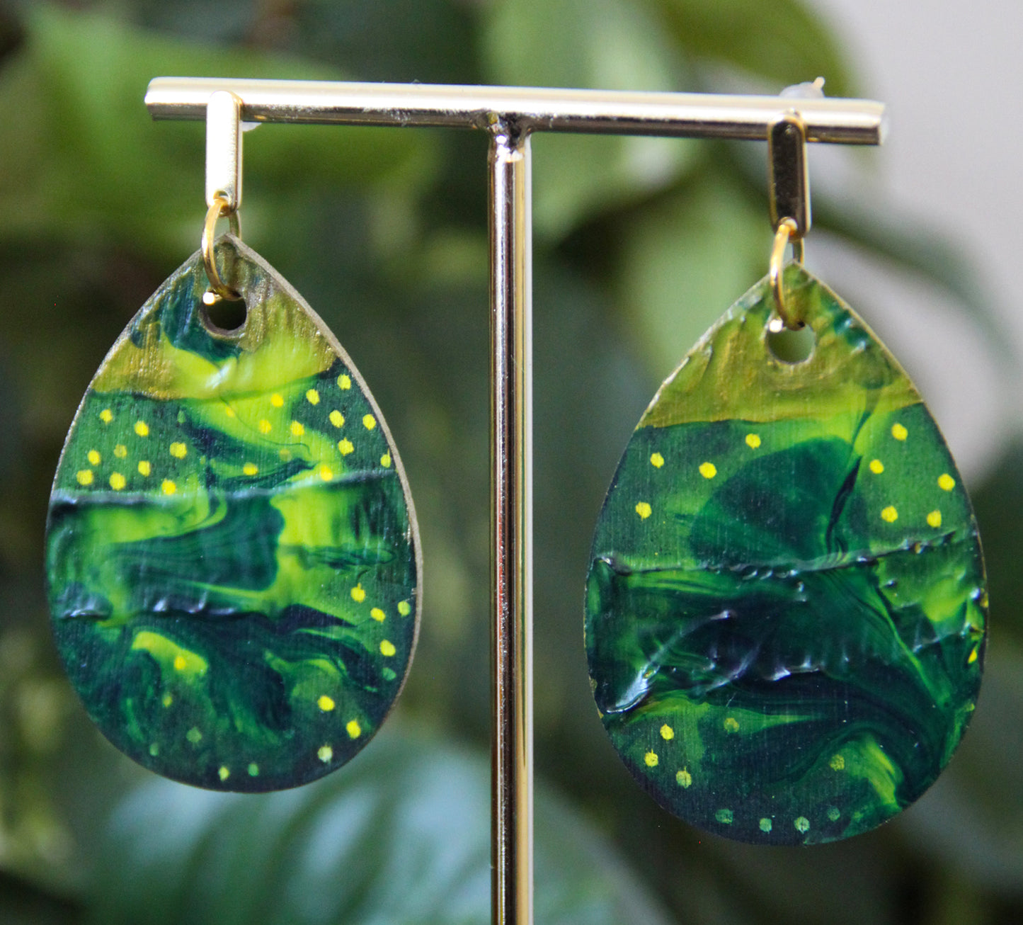 Green and Golden Marbled Teardrop Earrings