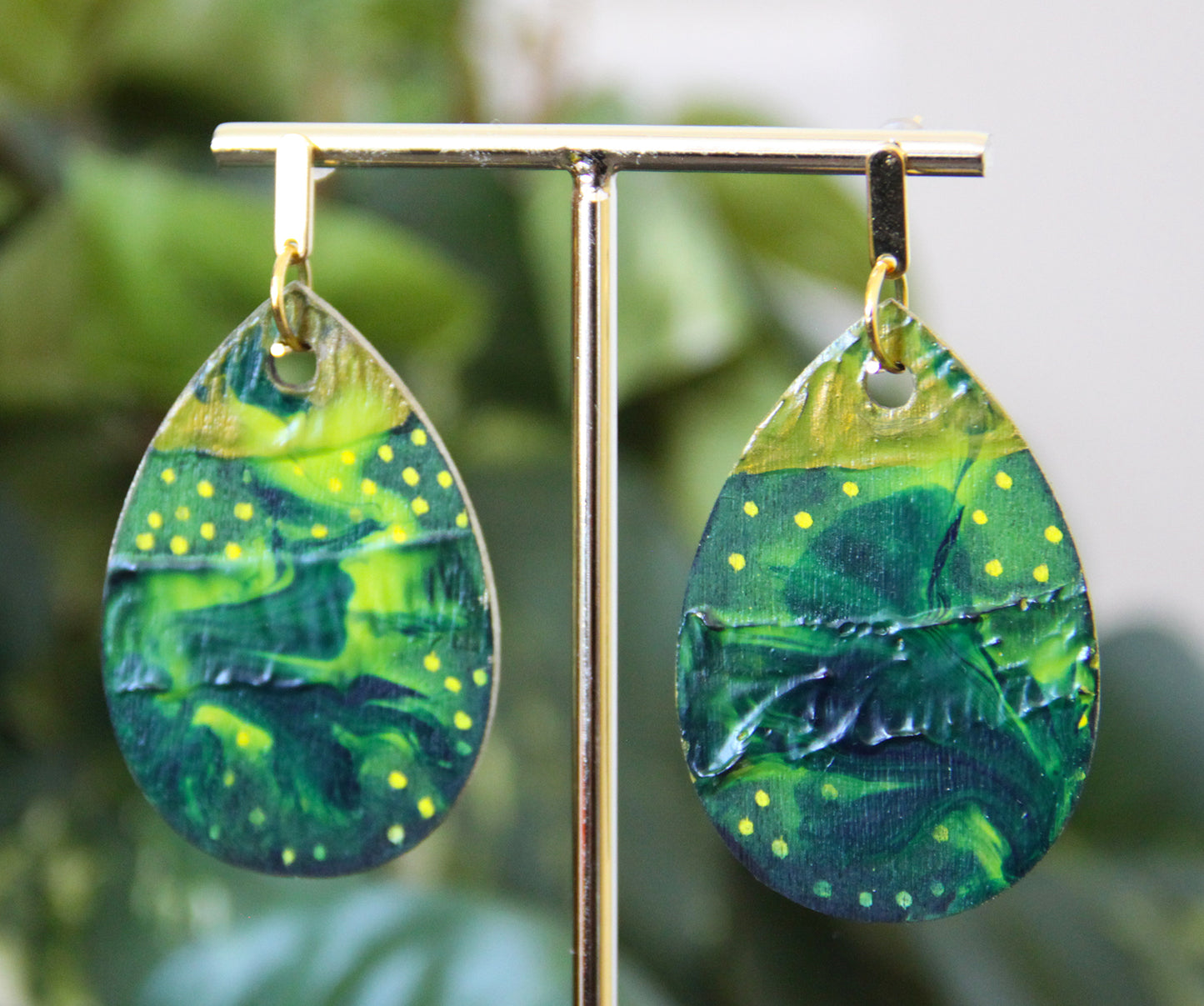 Green and Golden Marbled Teardrop Earrings