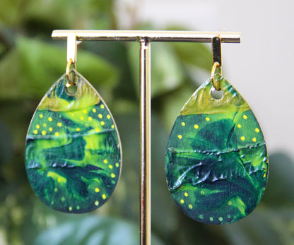 Green and Golden Marbled Teardrop Earrings