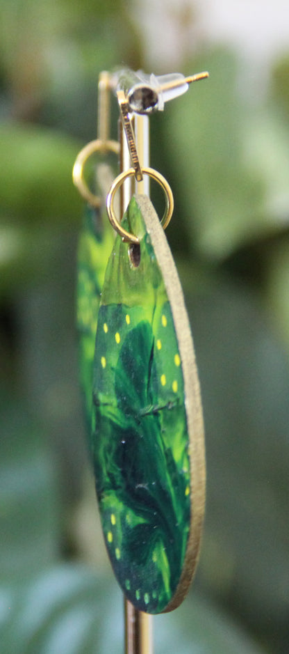 Green and Golden Marbled Teardrop Earrings