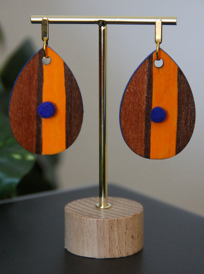 Brown and Orange Linear Patterned with Pom-pom Teardrop Earrings